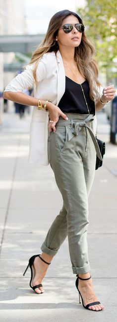 7 For All Mankind Paper Bag Jeans | White Blazer | Express Cami | ASOS Sandals